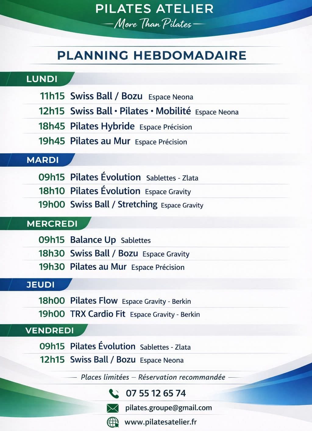 Pilates Atelier - Planning Hebdomadaire